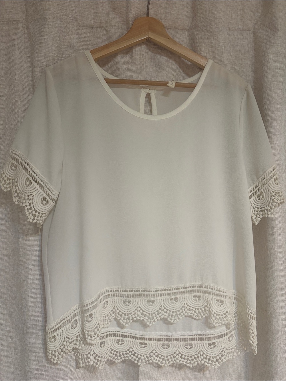 Mind Code Women's Cream Lace-Trim Short Sleeve Blouse